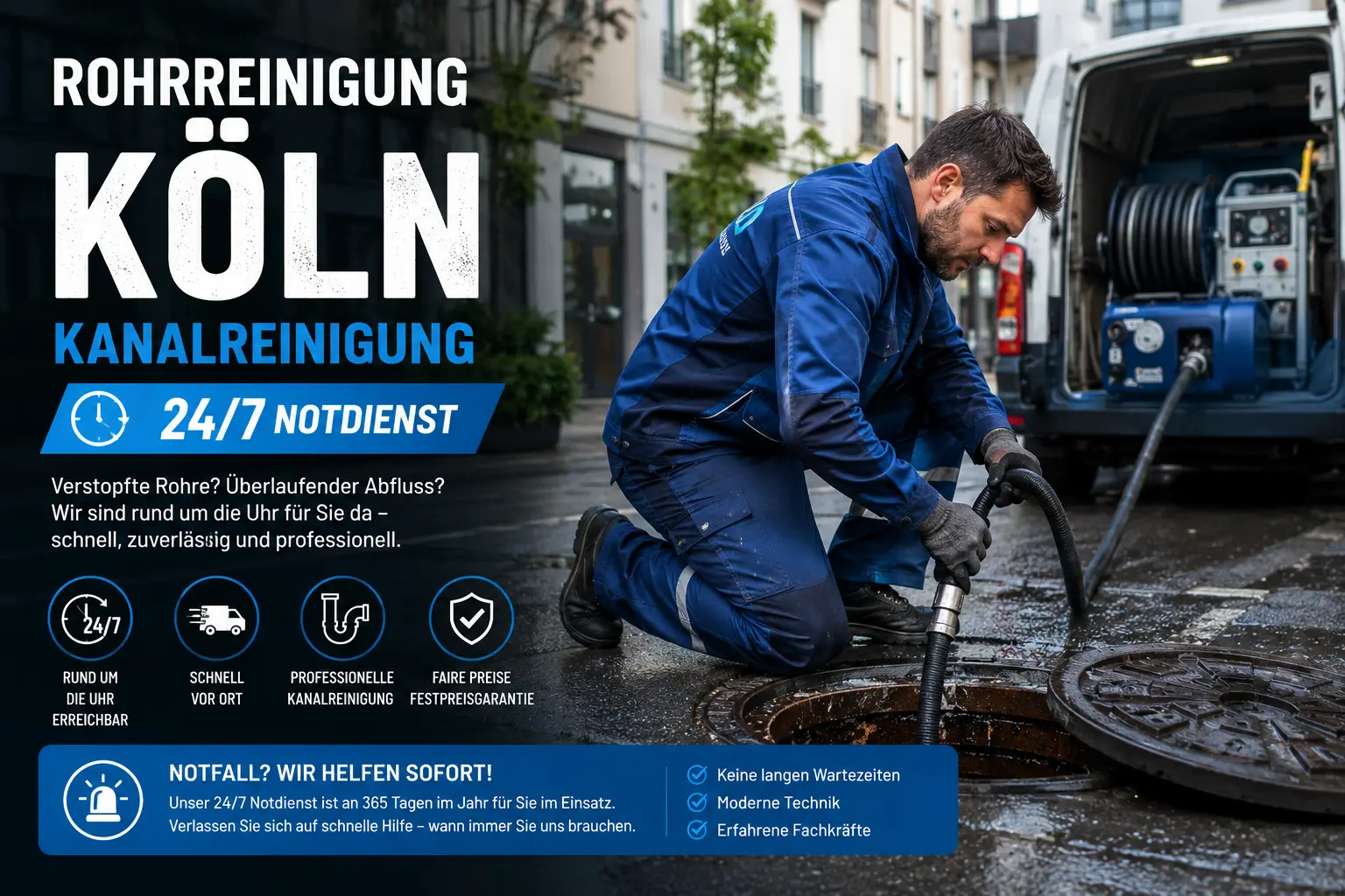 Kanalreinigung Köln Notdienst - 24/7 Rohrreinigung und Abflussreinigung NRW